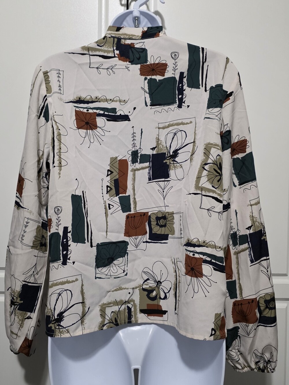 SHEIN Womens Ivory Abstract Geometric Artsy Sketch Print Tie Neck Longsleeve Top - Picture 8 of 16